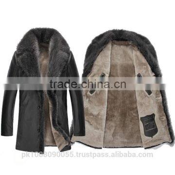 Mens Winter Sheepskin Shearling Leather Coat With Raccoon Fur Trim Black photo-4
