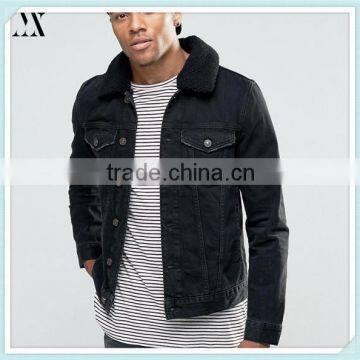 2016 Wholesale Man Denim Jacket With Borg Collar In Black Custom Man Denim Jacket