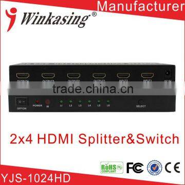 High performance 2 input 4 output hdmi switch splitter YJS-1024HD