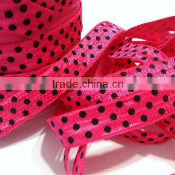 5/8 inch wholesale hot pink polka dot print fold over elastic trim