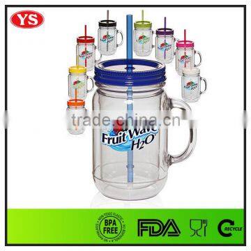 Bpa Free 20 Ounce Double walled acrylic colored mason jars with handle