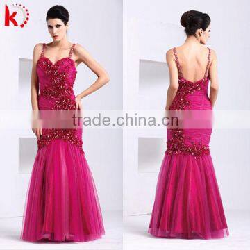 Spaghetti strap sexy backless ruffle mesh fuchsia embroidered fashion fishtail evening dress 8031