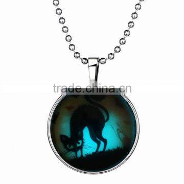 2016 Halloween gift for children silver jewelry beads chian glowding in the dark picture cat necklace pendant