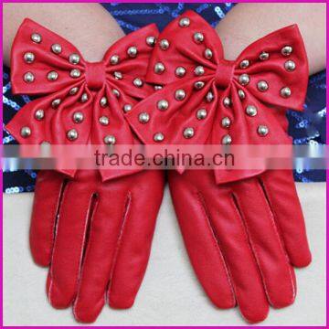 2015 New Arrival Winter Cycling Motorcycle Driving Lady Rivets Bowknot Soft PU Leather Gloves For Women Black Red photo-2