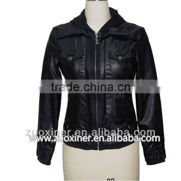 OEM wholesale 2014 fashion jacket women quality zip jacket hood pu jacket