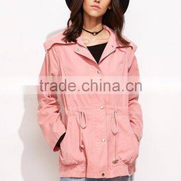 OEM Latest Pink Wide Collar Cotton Jacket Drawstring Utility Jacket Zipper Tie Waist Winter Coat Customized photo-2