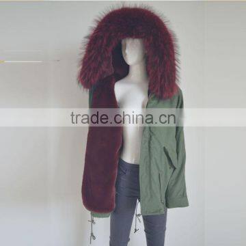 Myfur Latest Purplish Red Real Raccoon Fur Hood Faux Fur Lining Parka Wholesale photo-2