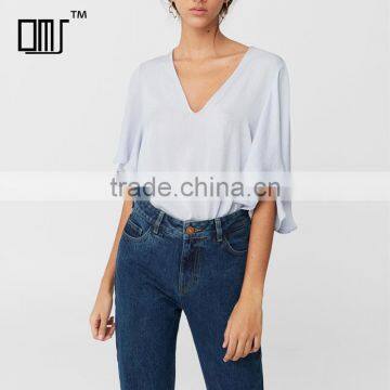 Batwing V neck bodysuit women casual frill sleeve blouse designs