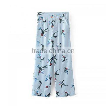 2017 China Wholesale Cotton Women Long Trousers Printed Bird Pattern Light Blue Pants Trousers photo-4