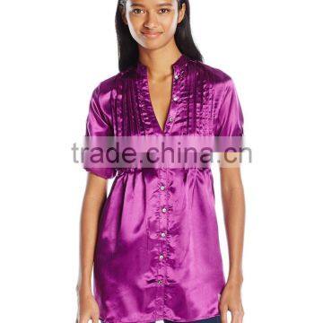 Roll 3/4 Tab Sleeve Satin Pintuck Tunic Dress photo-3