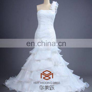 Real Photo Cheap Wedding Dresses HMY-BD004 Pleats Tier Skirt One Shoulder Mermaid Bridal Dress