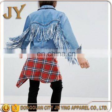 New Design Women Long Sleeve Summer Denim Midwash Blue Short Jackets With Fringed Back photo-5