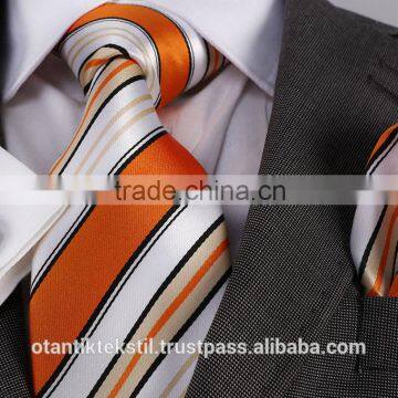 Orange White Striped pocket square and cufflink set neck tie, corbata, gravate, krawatte, cravatta, fashion tie