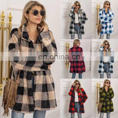 2021 Autumn and Winter New European and American Women's Amazon Plush Plaid Long Coat Plush Coat photo-2