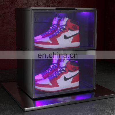 Custom giant black folding transparent stackable sound control led light acrylic shoe sneaker  box storage organizer led light