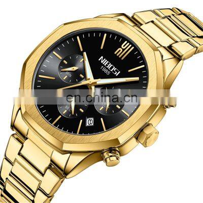 NIBOSI Golden Luxury Man Watches Sport Creative Waterproof Luminous Auto Date Chronograph Watch Quartz Clock Custom logo