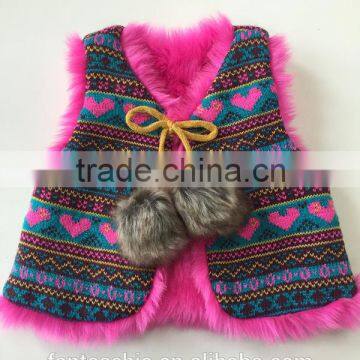 2016 hot sale children acrylic heart jacquard vest with soft faux fur lining