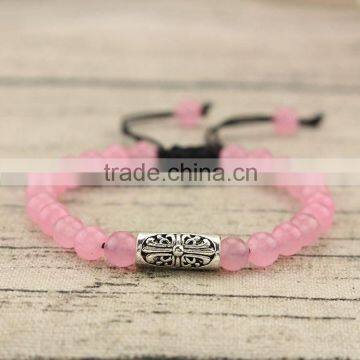 BRB1076 Wholesale Rose quartz beaded carved bar macrame bracelet