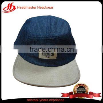 custom 5 panel flat brim denim suede brim snapback cap woven label snapback hat