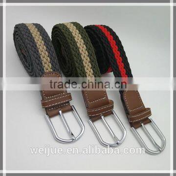 Fashion multi-color fabric braided double face elastic strench belt with Brown Leather