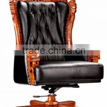 Antique luxury genuine leather boss chair with wood base and button tufted (FOH-A08)