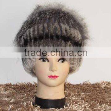 knitted rex rabbit hats with fox fur top