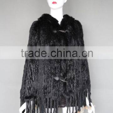 Genuine high quality rabbit fur knitted women poncho/shawl with hood/horn button