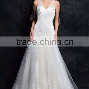 Sexy Pleated Mermaid Wedding Dress 2016 With Long Train Vestidos De Novia V-neck Lace Applique Bridal Gown Free Shipping ML092