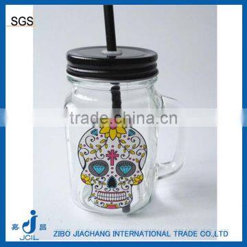 Wholesale Price skull head printing Glass Mason Jar With Handle