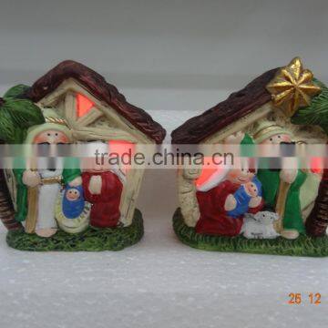 Antique Ceramic Nativity House Scene Figurines Set With Led Lights photo-3