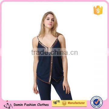 New Design Ladies Sequin Embroideried Beaded Navy Cami Top