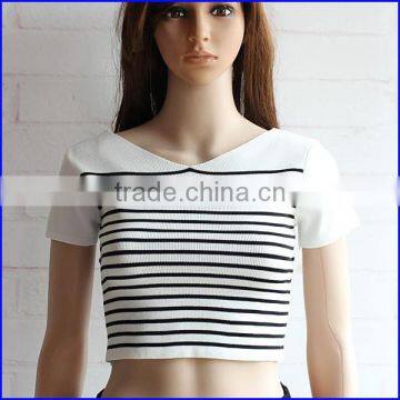 Most Popular High Quality Fashion Sublimation Tshirt Women's v Neck Striped t Shirt