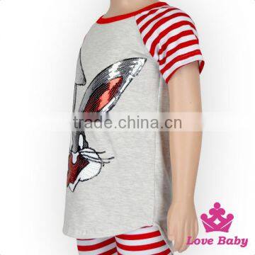 Hot Sale Unisex Summer Clothing Rabbit Pattern Sequin Red Stripe Short Sleeve Kids Easter T Shirt photo-3