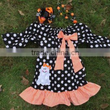 2015 new arrival girl ghost print dress kids boutique dress girl black and white polka dot halloween dress with necklace and bow