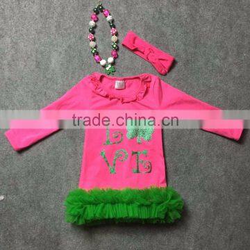 St.Patrick design 2016 girls Summer dress hot pink love long sleeves girls cute party dress with matching accessories