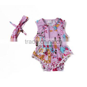 beautiful cute printed kids little white ball tassels with headband cotton funny baby romper