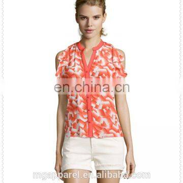 Women Red Geometric Printed Silk Flutter Sleeve Blouse Wholesale photo-2