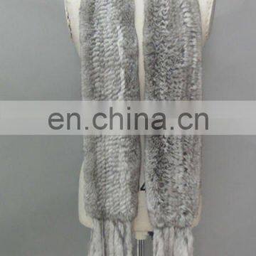 Natural Grey Rabbit Knitted Fur Scarf With Tassels Hand Knitted Fur Scarf (Style:#B205)