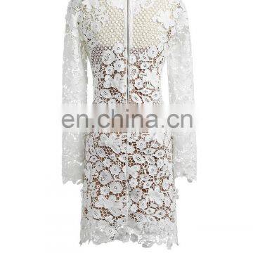 Casual Dresses Women Summer White Bodycon Floral Crochet Lace Long Sleeve Sexy Mini Dress photo-6