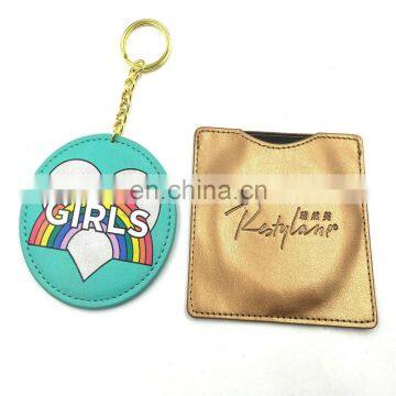 High quality metal keychain with Round PU pocket mirror