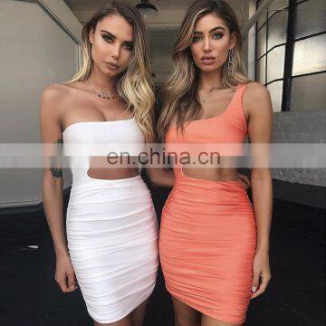 Hot Sales Women Fashion One Shoulder Casual Dresses Ladies Sexy Club Mini Dresses Women Pleated Summer Dresses photo-2