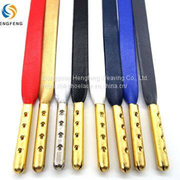 Premium Fashion Custom Colored Flat PU Leather Shoelace with Metal tips For Men And Women