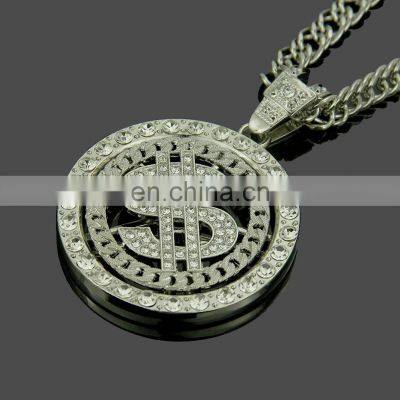 Hip Hop Men Gold Silver Color Necklace Ice Out Crystal Miami Rotatable Dollar Sign Rock Pendant Bling Rapper Jewelry For Men photo-5
