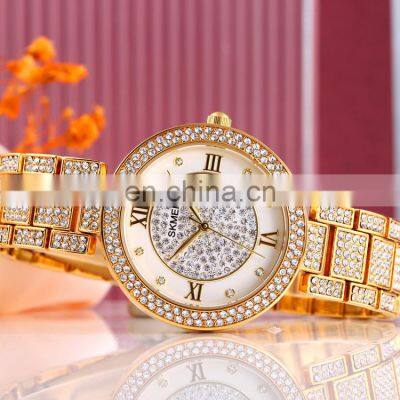 Watch wholesalers SKMEI Custom 1739 Women Gold Stainless Steel Diamond Lady Quartz Watch