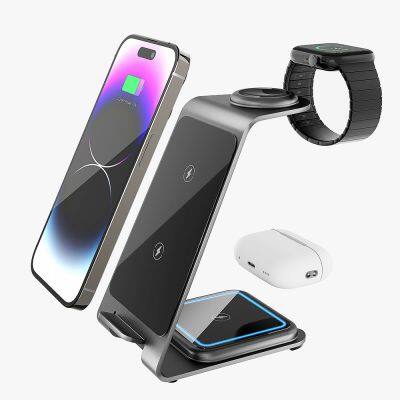 Aluminium Shell Stand Holder Fast Charging 3 in 1 Wireless Universal Charger for Phone Headset and SmartWatch