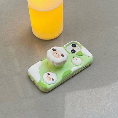 Soft Silicone Phone Case For IPhone 15 Pro Max 12 13 14 Decompression Green Small Sheep Expansion Bracket Protective Shell photo-5