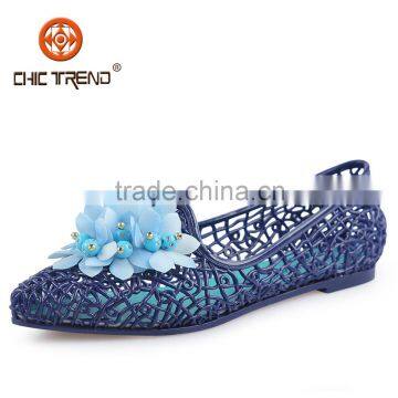 2015 new design fashion cheap pvc lady shoe sexy plastic jelly shoe with flower five colors party shoes