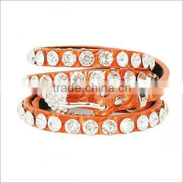 Wholesale Women's One Line Rhinestone Orange Leather Stud Accent Belt