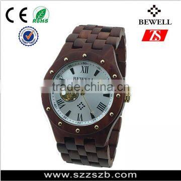 BEWELL new mechanical wood watch 2016 , skeleton watch stainless steel back water resistant watch