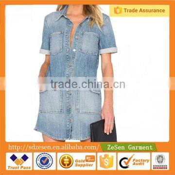 Bule Denim Front Patch Pockets Women Denim Dresses Shirt Design